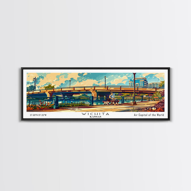 Wichita Kansas Panoramic Painting, Mid Century Modern Framed Canvas Print, Retro Pop Art Travel Poster, Wall Art, Home Decor