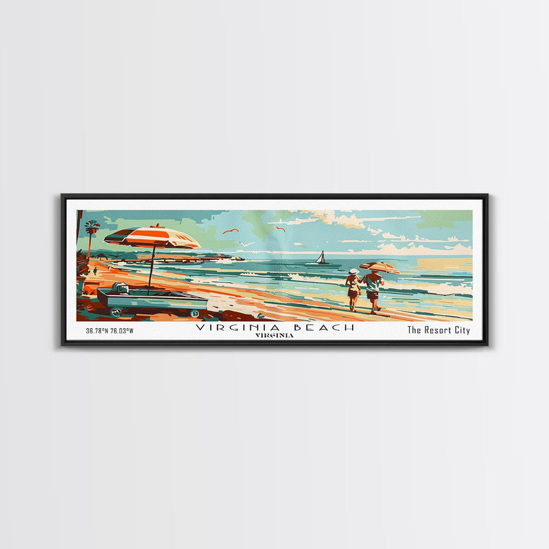 Virginia Beach Virginia Panoramic Wall Art, Mid Century Modern Framed Canvas Print, Retro Pop Art Travel Poster, Living Room and Office Decor