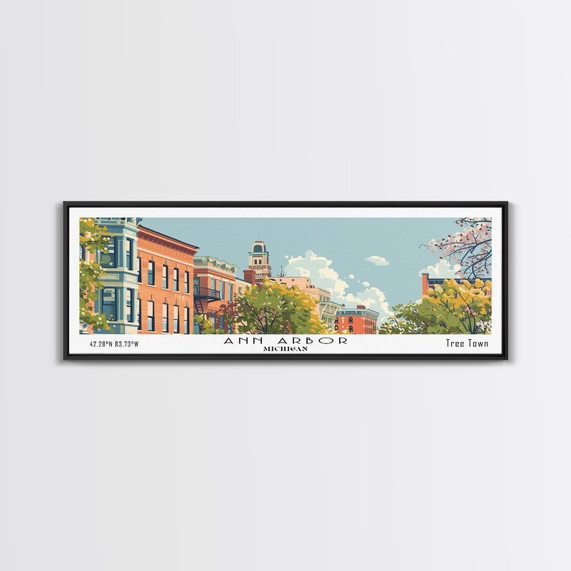 Ann Arbor Michigan Panoramic Painting, Mid Century Modern Framed Canvas Print, Retro Pop Art Travel Poster, Living Room Wall Art Decor, City Print