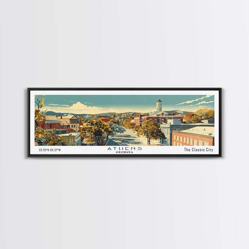 Athens Georgia Panoramic Painting, Mid Century Modern Framed Canvas Print, Retro Pop Art Travel Poster, Living Room Wall Art Decor, City Print