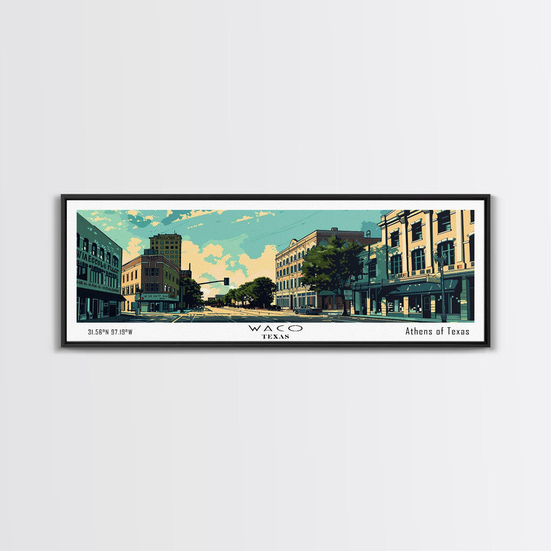 Waco Texas Panoramic Wall Art, Mid Century Modern Framed Canvas Print, Retro Pop Art Travel Poster, City Print, Living Room Decor