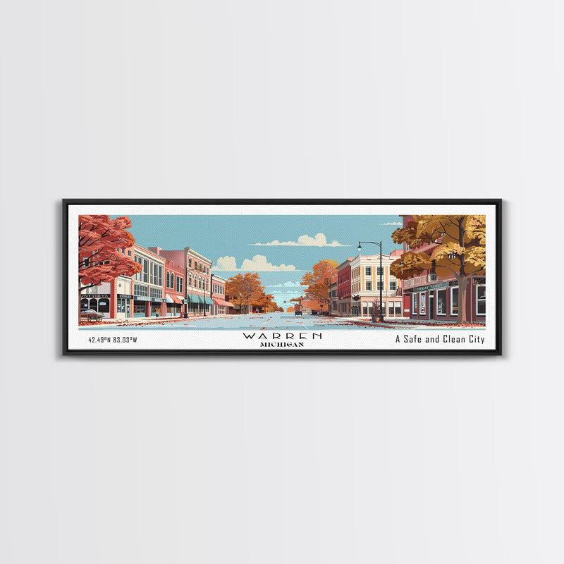 Warren Michigan Panoramic Painting, Mid Century Modern Framed Canvas Print, Retro Pop Art Travel Poster, Office Wall Art, Home Decoration