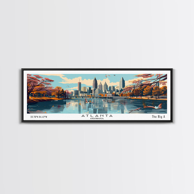 Atlanta Georgia Panoramic Painting, Framed Canvas Print, Mid Century Modern Wall Art, Retro Pop Art Travel Poster, Home Decor, City Art