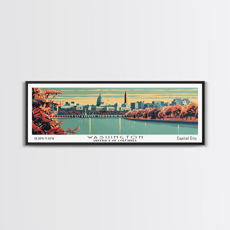 Washington DC Panoramic Wall Art, Mid Century Modern Framed Canvas Print, Retro Pop Art Travel Poster, Cityscape Decor, Office Wall Art