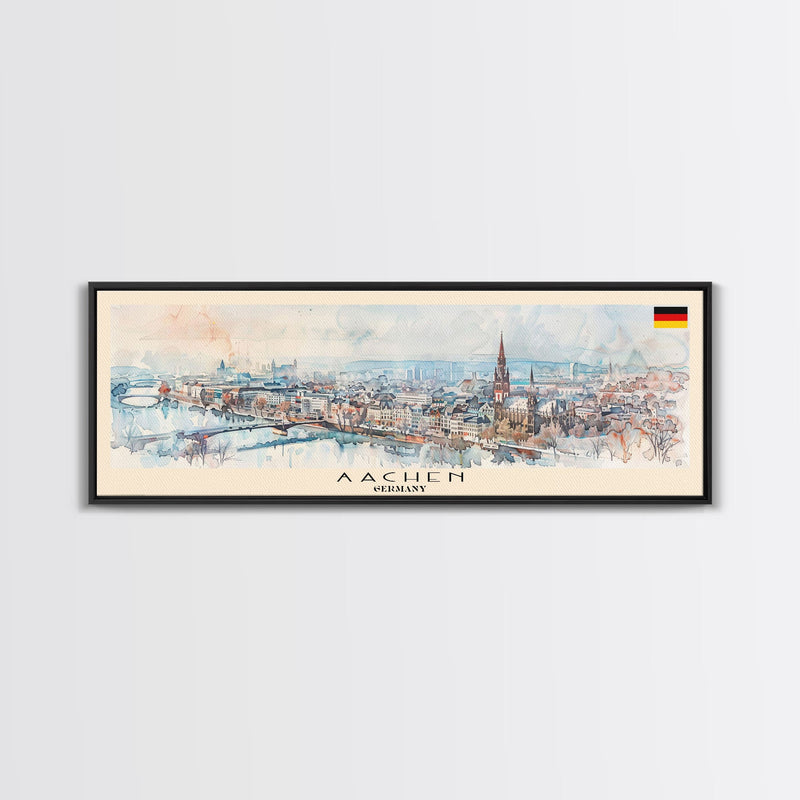 Aachen Germany  Panoramic Travel Poster, Framed Canvas Print or Metal Wall Art, Travel Art, Home Decor, Panoramic Painting, Midcentury Art