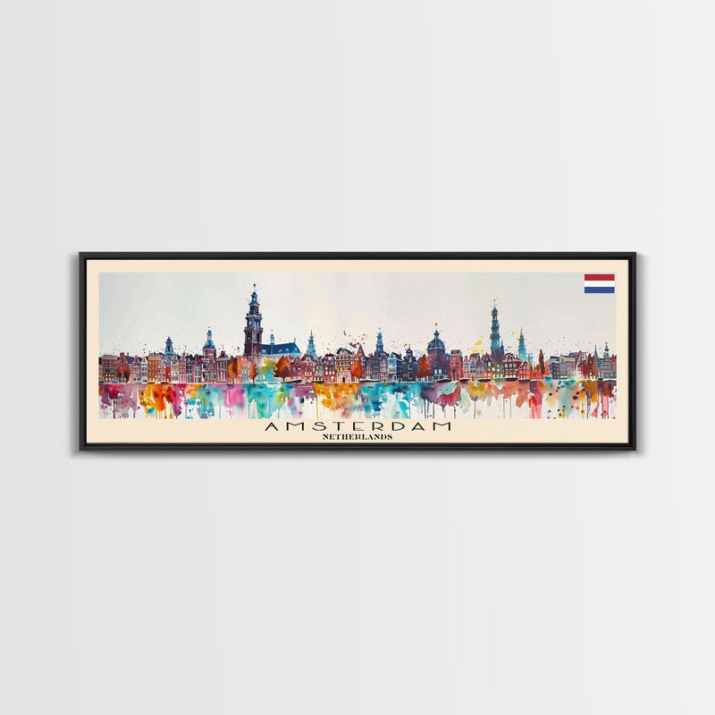 Amsterdam Netherlands Travel Art, City Art, Framed Canvas Print or Metal Wall Art, Europe Travel Poster, Panoramic Wall Art, Extra Wide Wall Art