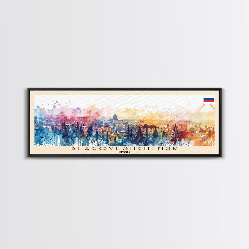 Blagoveshchensk Russia Travel Art, City Art, Framed Canvas Print or Metal Wall Art, Europe Travel Poster, Panoramic Wall Art, Extra Wide Wall Art