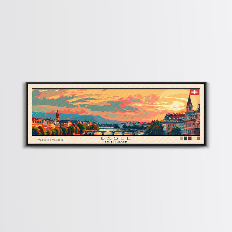 Basel SwitzerlandTravel Art, City Art, Framed Canvas Print or Metal Wall Art, Europe Travel Poster, Panoramic Wall Art, Extra Wide Wall Art