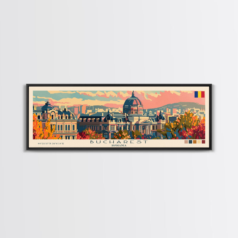 Bucharest Romania Wall Art, Panoramic Travel Poster, Panoramic Framed Canvas Print, City Wall Art, Wall Hanging Home Decor, Travel Art