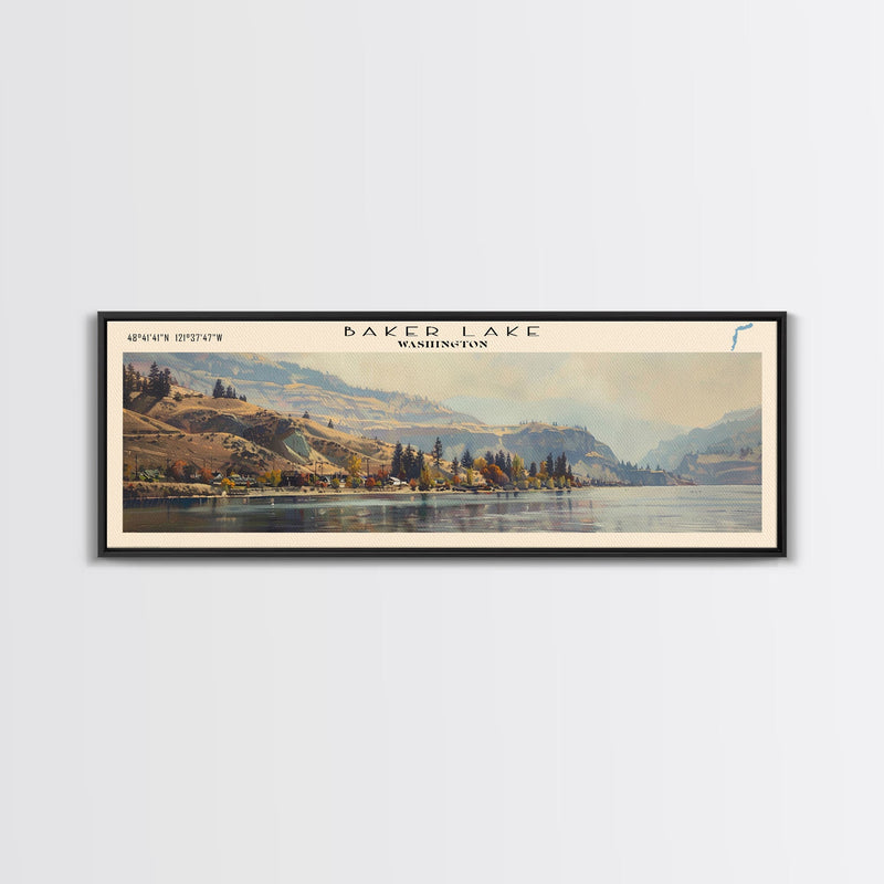 Baker Lake Washington Panoramic Framed Canvas Print, Lake House Art, Boho Decor, Travel Poster, Nature Wall Art, Serene Scene