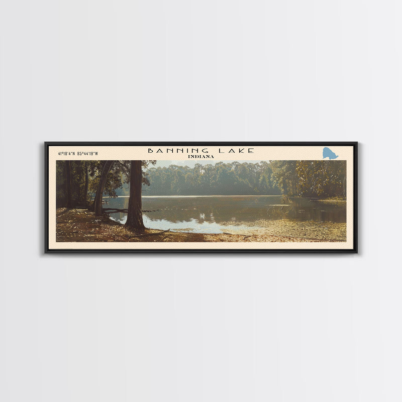 Banning Lake Indiana Framed Canvas Print, Lake House Decor, Panoramic Scenic Painting, Travel Poster, Rustic Art, Nature Wall Art