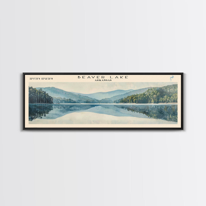 Beaver Lake Arkansas Framed Canvas Print, Panoramic Lake House Decor, Scenic Painting, Travel Poster, Rustic Art, Nature Wall Art