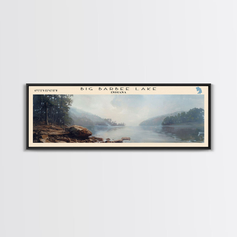 Big Barbee Lake Indiana Framed Canvas Print, Panoramic Lake House Art, Scenic Painting, Travel Poster, Rustic Decor, Nature Scene