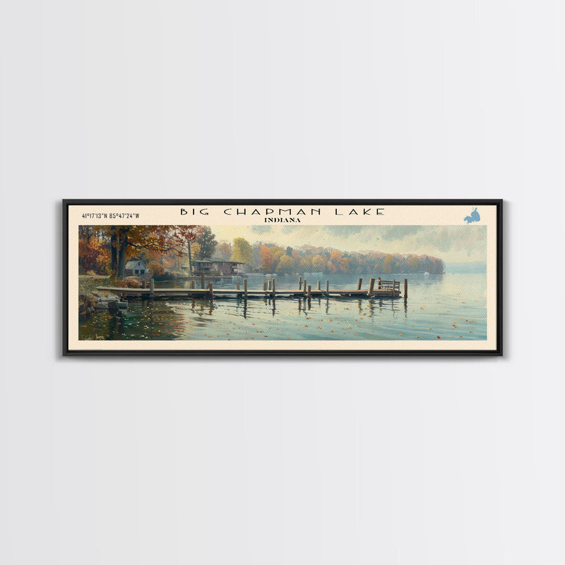 Big Chapman Lake Indiana Framed Canvas Print, Panoramic Lake House Art, Scenic Painting, Travel Poster, Rustic Art, Water Reflection