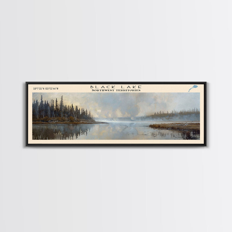 Black Lake Canada Northwest Territories Framed Canvas Print, Panoramic Lake House Art, Scenic View, Travel Poster, Lake Painting