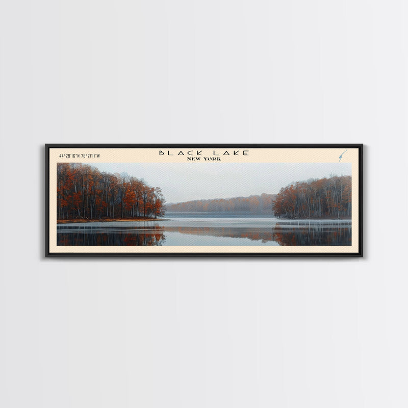 Black Lake New York Framed Canvas Print, Lake House Decor, Panoramic Scenic View, Travel Poster, Modern Art, Lake Painting