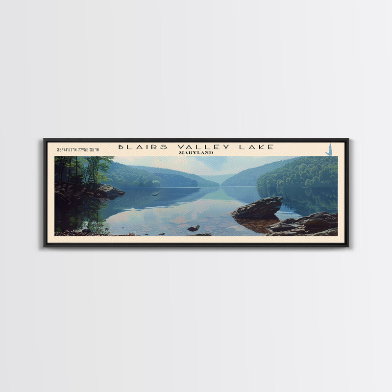 Blairs Valley Lake Maryland Framed Canvas Print, Panoramic Lake House Decor, Scenic View, Travel Poster, Rustic Art, Lake Painting