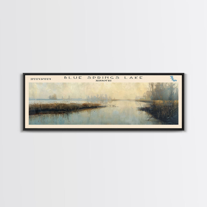 Blue Springs Lake Missouri Framed Canvas Print, Lake House Art, Panoramic Scenic View, Travel Poster, Minimalist Art, Lake Painting