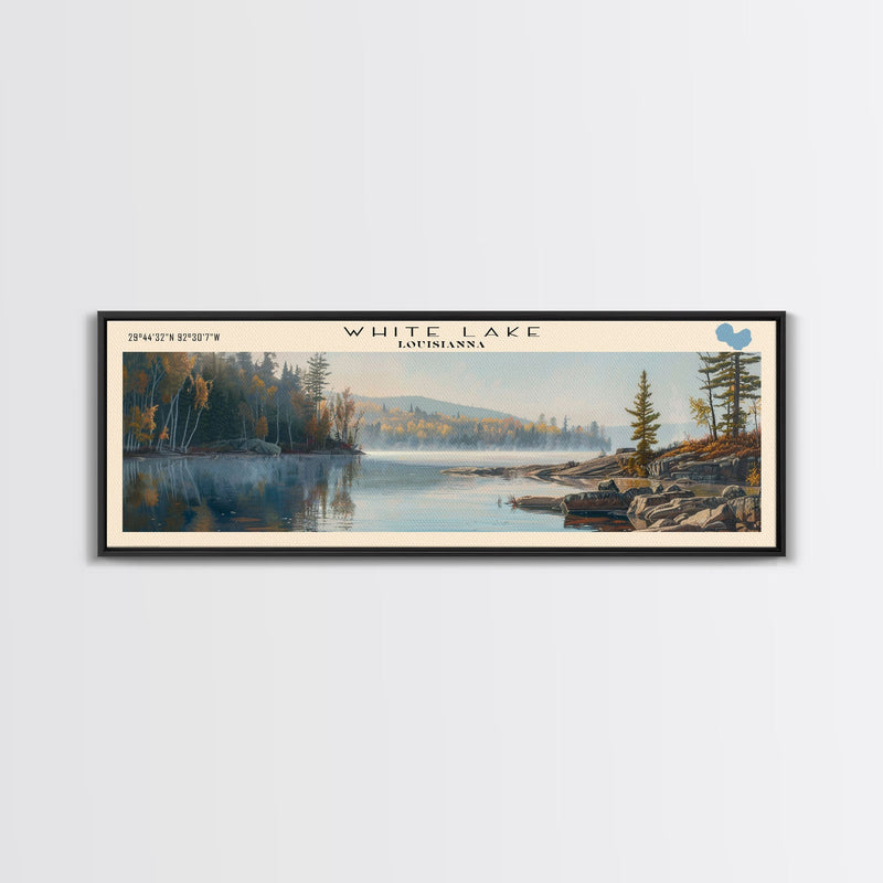 White Lake Panoramic Wall Art, Framed Canvas Print, Lake House Decor, Travel Poster, Scenic Lake Scene, Living Room Art