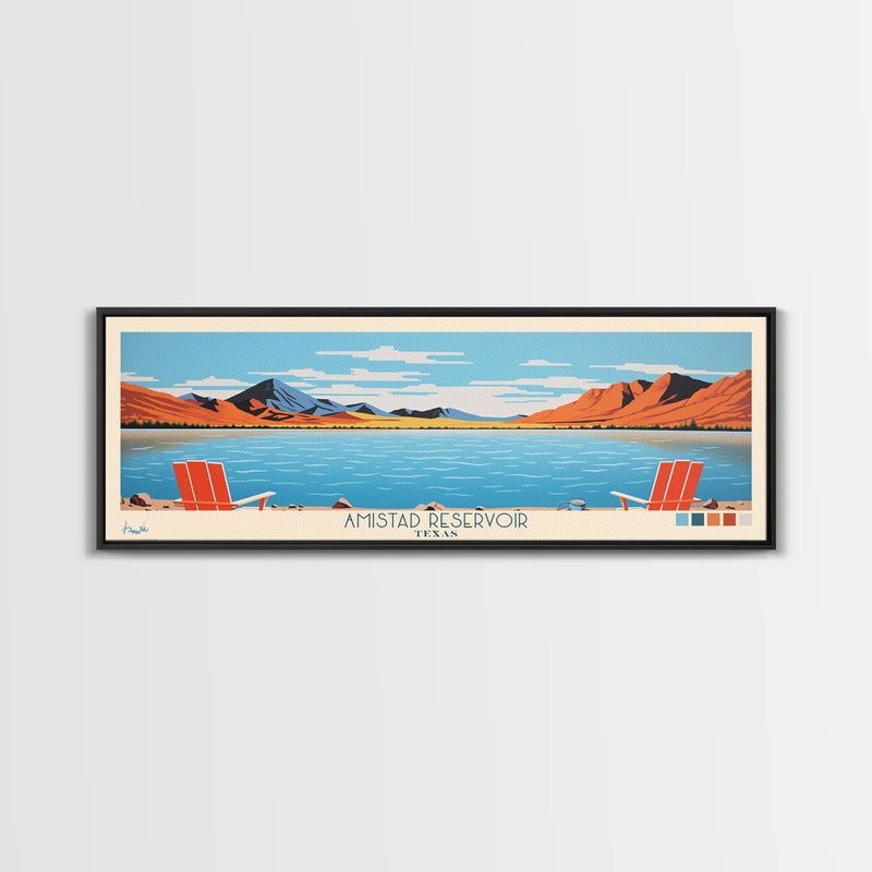 Amistad Reservoir Texas Framed Canvas Print, Panoramic Travel Poster, Midcentury Modern Wall Art, Pop Art, Nature Bedroom Decor