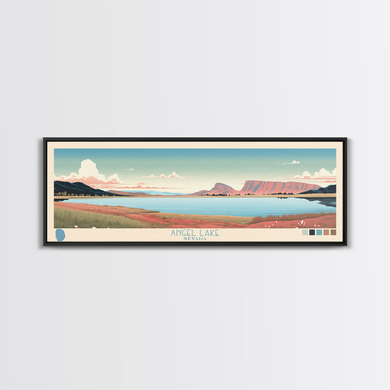 Angel Lake Nevada Framed Canvas Print, Panoramic Wall Art, Midcentury Modern, Pop Art, Travel Poster, Scenic Lake House Art