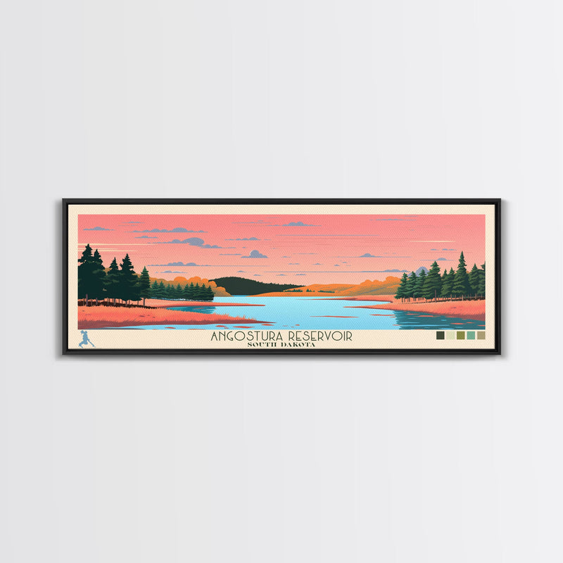 Angostura Reservoir South Dakota Framed Canvas Print, Panoramic Travel Poster, Midcentury Modern Wall Art, Pop Art, Lake House Decor