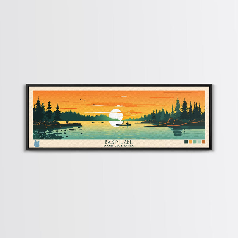 Basin Lake Saskatchewan Framed Canvas Print, Panoramic Wall Art, Midcentury Modern Lake House Decor, Pop Art, Travel Poster, Scenic Living Room Art