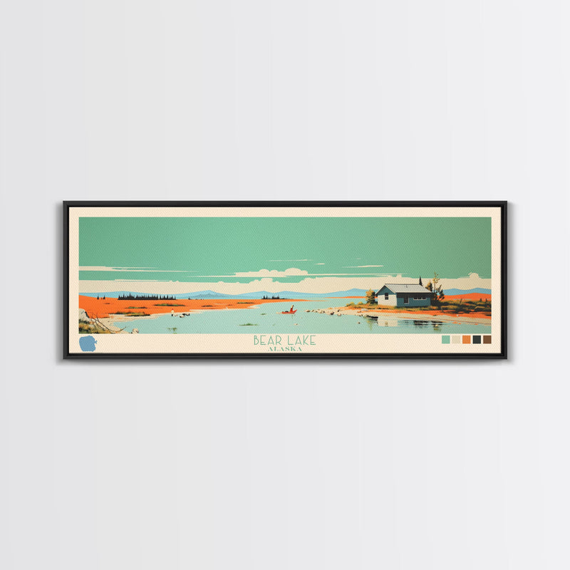 Bear Lake North Slope Alaska Framed Canvas Print, Panoramic Travel Poster, Midcentury Modern Wall Art, Pop Art, Lake House Decor, Nature Art