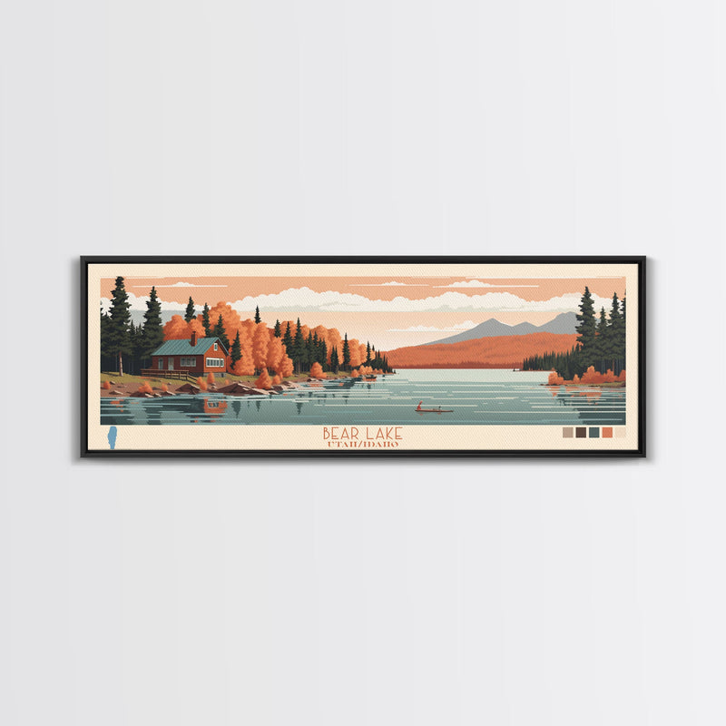 Bear Lake Utah Idaho Framed Canvas Print, Panoramic Travel Poster, Midcentury Modern Wall Art, Pop Art, Nature Living Room Art, Lake House Decor