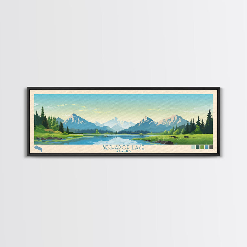 Becharof Lake Alaska Framed Canvas Print, Panoramic Travel Poster, Midcentury Modern Wall Art, Pop Art, Nature Bedroom Art, Living Room Decor