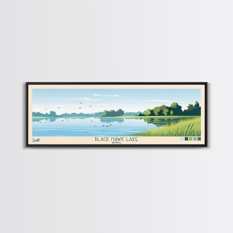 Black Hawk Lake Iowa Framed Canvas Print, Panoramic Travel Poster, Midcentury Modern Wall Art, Pop Art, Nature Bedroom Art, Scenic Lake House Decor