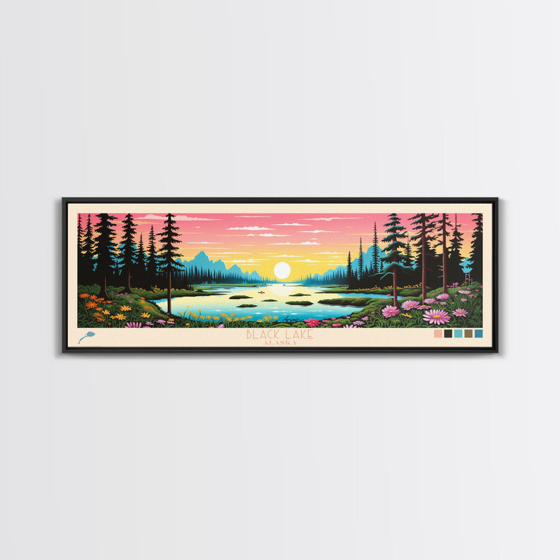 Black Lake Southwest Alaska Framed Canvas Print, Panoramic Travel Poster, Midcentury Modern Wall Art, Pop Art, Nature Bedroom Decor, Scenic Lake House Art