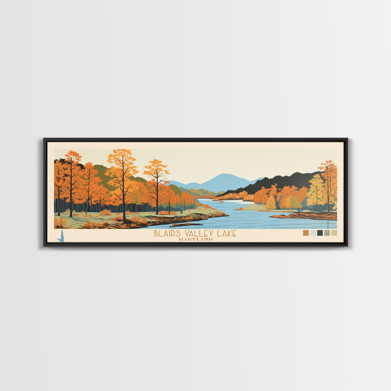 Blairs Valley Lake Maryland Framed Canvas Print, Panoramic Travel Poster, Midcentury Modern Wall Art, Pop Art, Nature Bedroom Art, Scenic Lake House Decor