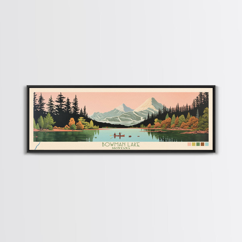 Bowman Lake Montana Framed Canvas Print, Panoramic Wall Art, Midcentury Modern, Pop Art, Travel Poster, Scenic Living Room Art, Lake House Decor