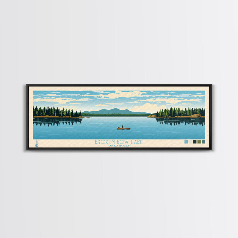 Broken Bow Lake Oklahoma Framed Canvas Print, Pop Art Panoramic Travel Poster, Midcentury Modern, Wall Art, Scenic Nature Painting, Bedroom Decor