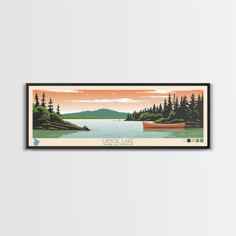 Canoe Lake Saskatchewan Framed Canvas Print, Midcentury Modern Panoramic Wall Art, Living Room Decor, Pop Art, Travel Poster Art, Scenic Nature Painting