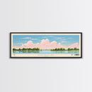 Coralville Lake Iowa Framed Canvas Print, Midcentury Modern Panoramic Wall Art, Living Room Decor, Pop Art, Travel Poster Art, Scenic Nature Painting, Lake House Decor