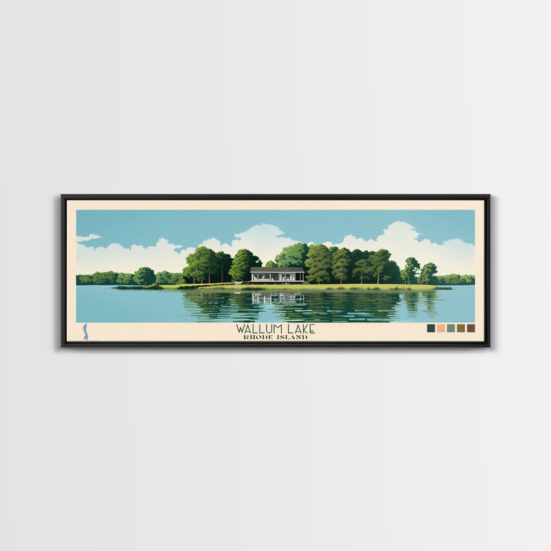 Wallum Lake, Rhode Island Framed Canvas Print, Panoramic Lake House Decor, Midcentury Modern Art, Pop Art, Travel Poster, Bedroom Wall Art