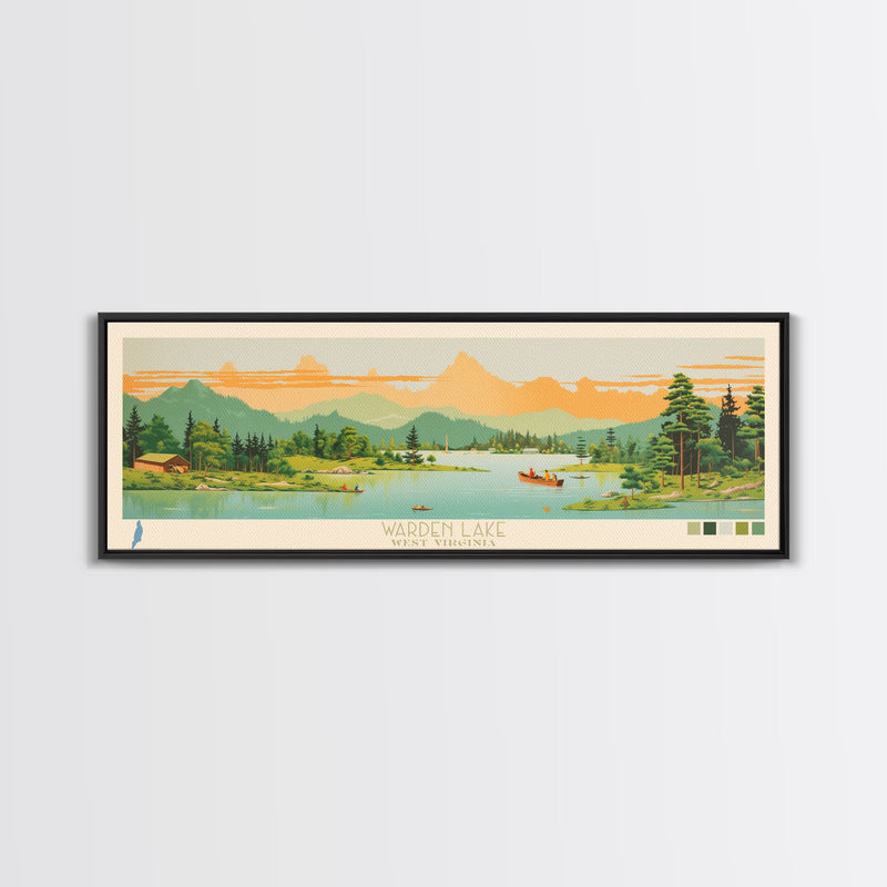 Warden Lake, West Virginia Framed Canvas Print, Panoramic Lake House Art, Midcentury Modern Decor, Pop Art, Travel Poster, Living Room Wall Art