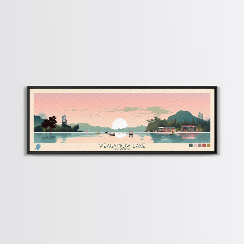 Weagamow Lake, Ontario Panoramic Framed Canvas Print, Lake House Art, Midcentury Modern Decor, Pop Art, Travel Poster, Wall Art