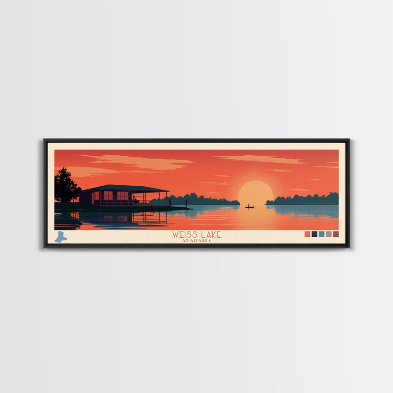 Weiss Lake, Alabama Framed Canvas Print, Panoramic Lake House Art, Midcentury Modern Decor, Pop Art, Travel Poster, Bedroom Wall Art