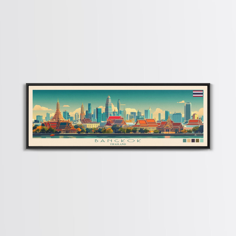 Bangkok, Thailand Travel Poster Panoramic Canvas Print, Bangkok, Thailand Painting, Thailand Art, Bangkok Travel Art, Guest Room Painting