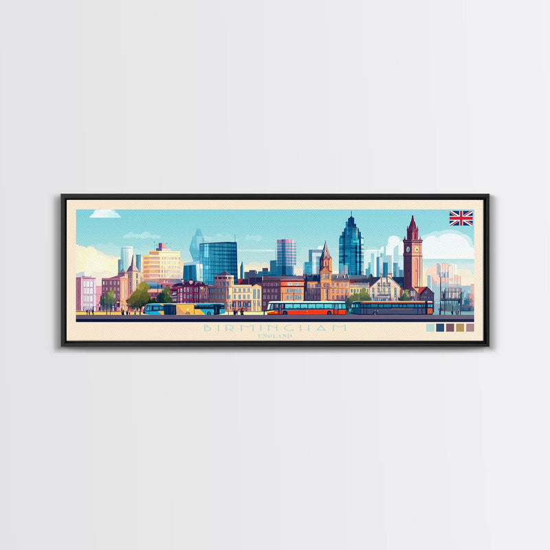 Birmingham, England Travel Poster Panoramic Canvas Print, Birmingham, England Painting, England Art, Birmingham Travel Art, Guest Room Painting