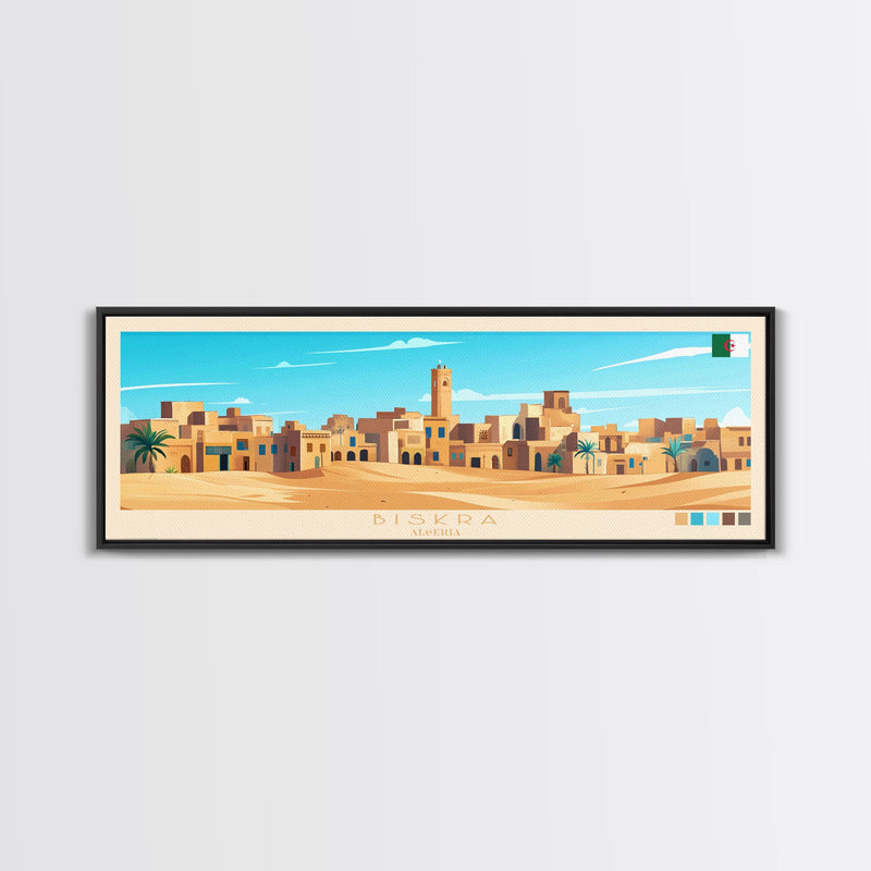 Biskra, Algeria Panoramic Travel Poster Canvas Print, Biskra, Algeria Painting, Algeria Art, Biskra Travel Art, Guest Room Painting