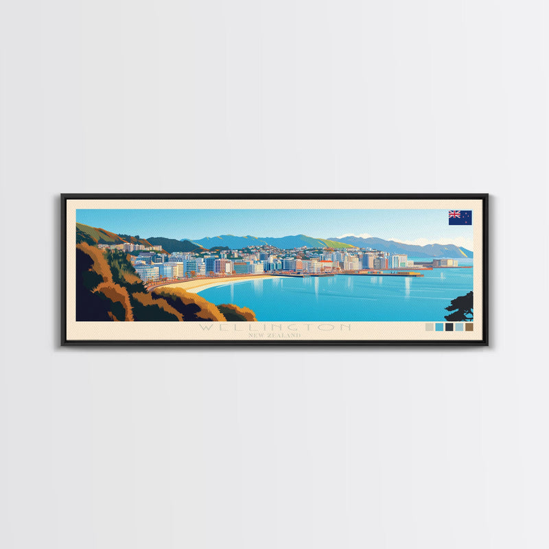 Wellington, New Zealand Panoramic Travel Poster Canvas Print, Wellington, New Zealand Painting, New Zealand Art, Wellington Panoramic Travel Art, Travel Painting