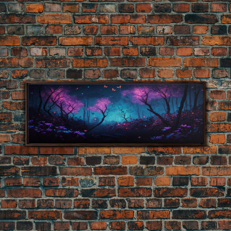 Beautiful Fantasy Forest, Framed Canvas Print, Fantasy Art, Butterflies and Fireflies Light up a Fairy Forest At Night, Framed Wall Art