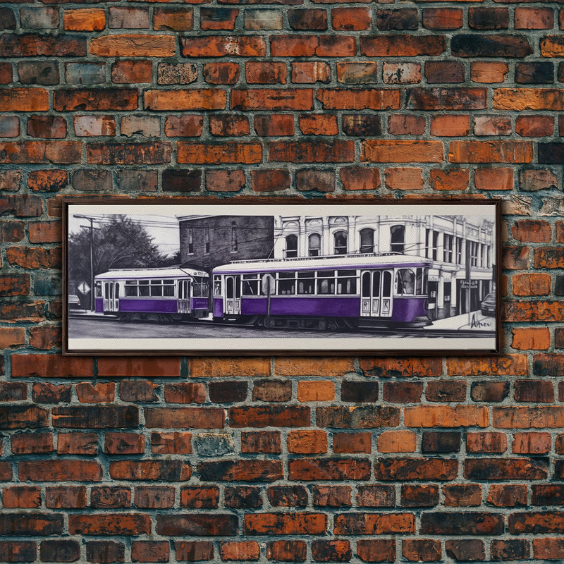 Purple Streetcar Art Print, Urban Art, Wall Decor, Color Pop, Wall Decor, Urban Framed Canvas Print, Panoramic, Wall Art, Canvas Print