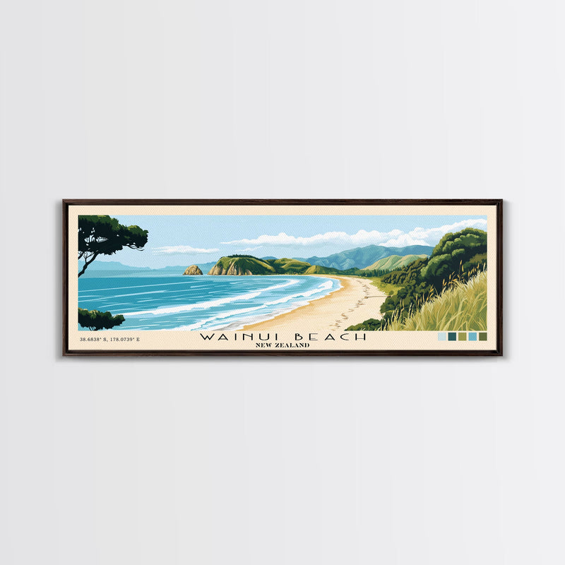 Wainui Beach, New Zealand Panoramic Beach Print, Vacation Gift, New Zealand Wall Art, Framed Canvas Print, Framed Beach Painting