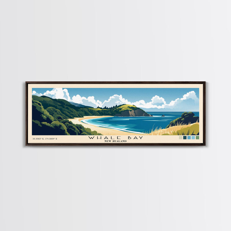 Whale Bay, New Zealand Panoramic Beach Print, Vacation Gift, New Zealand Wall Art, Framed Canvas Print, Framed Beach Painting