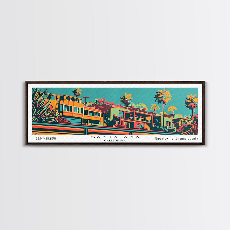 Santa Ana California Panoramic Wall Art Framed Canvas Print, Travel Poster, Mid Century Modern Art, Pop Art Style, Wall Decor, Office Wall Art